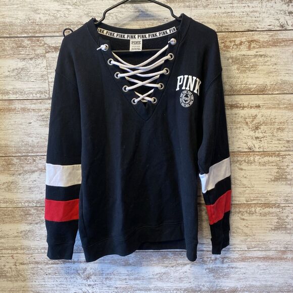 Pink Victoria’s Secret Pullover Sweater Black And Red Laced Neck Small - Picture 1 of 4